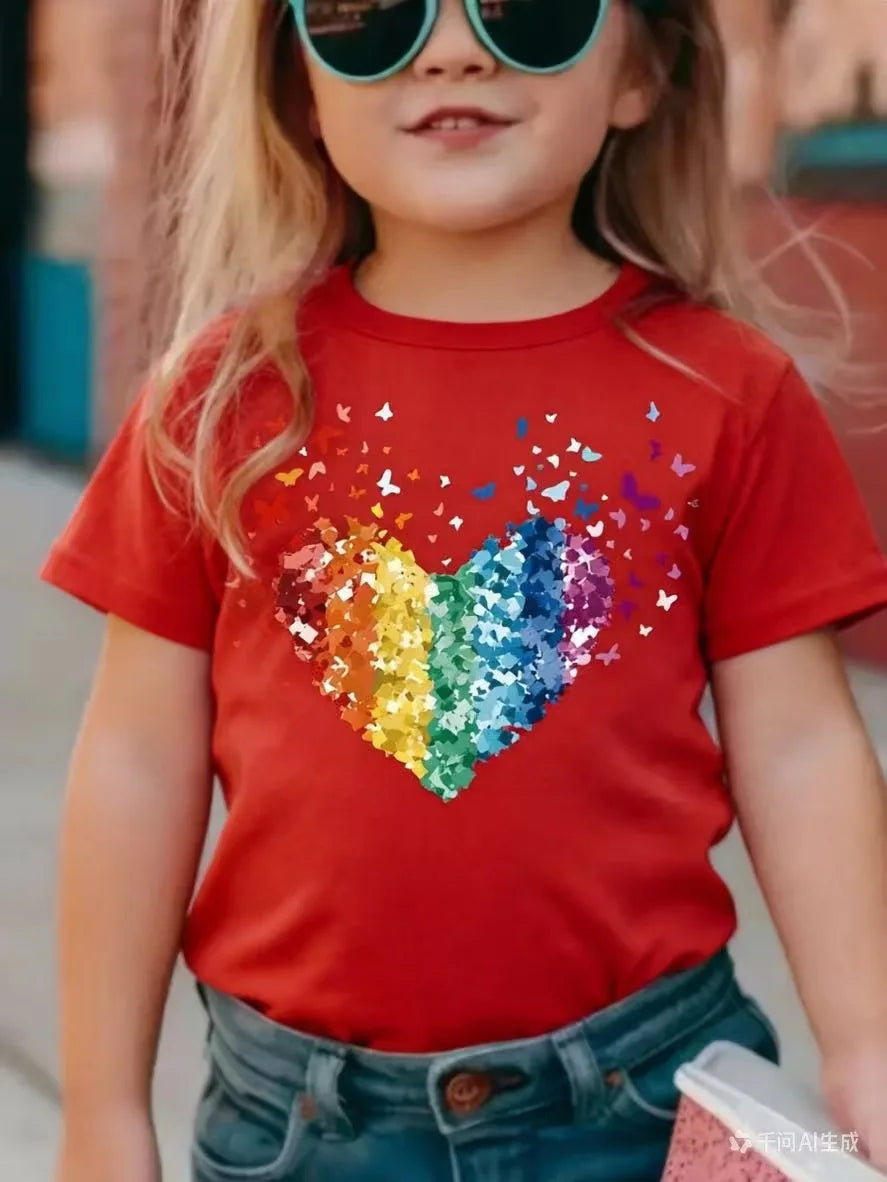 Rainbow Sequin Heart Kids T-Shirt — Girls Party & Festival Top