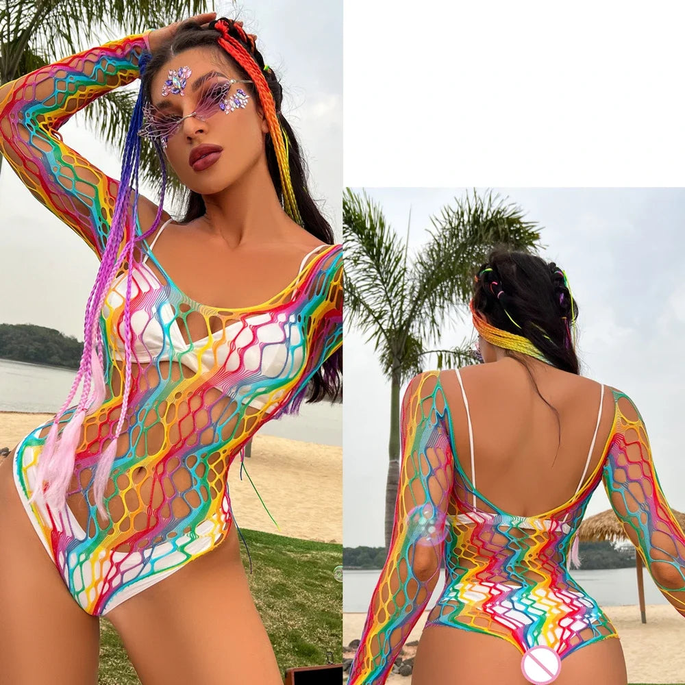 Rainbow Fishnet Bodysuit — Festival, Rave & Stage Outfit