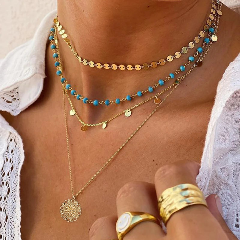 Star & Moon Sequin Tassel Choker — Boho Festival Layered Necklace