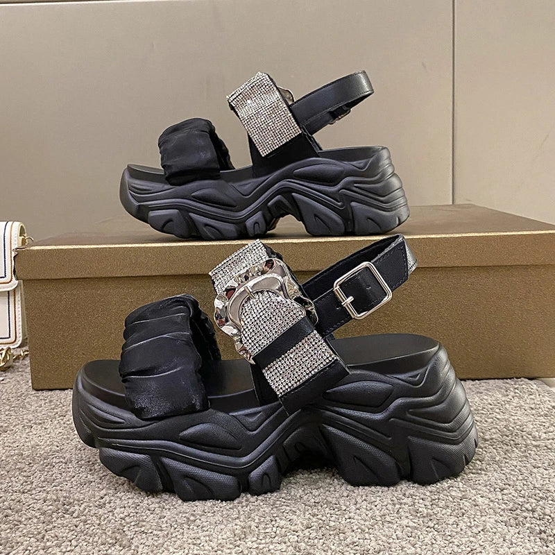 Chunky Crystal Wedge Sandals — 7.5cm Sparkly Platform Beach Shoes