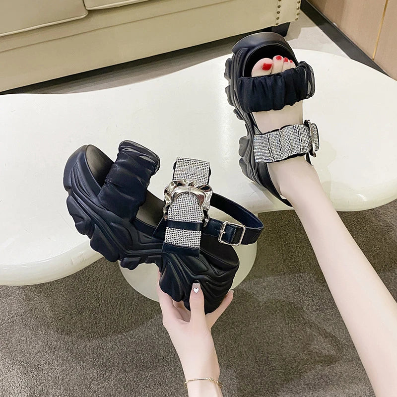 Chunky Crystal Wedge Sandals — 7.5cm Sparkly Platform Beach Shoes