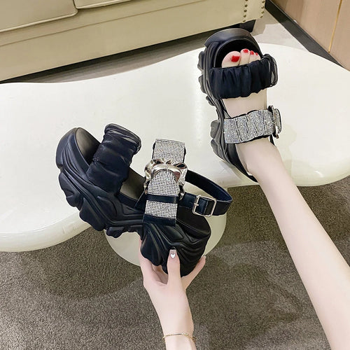 Chunky Crystal Wedge Sandals — 7.5cm Sparkly Platform Beach Shoes