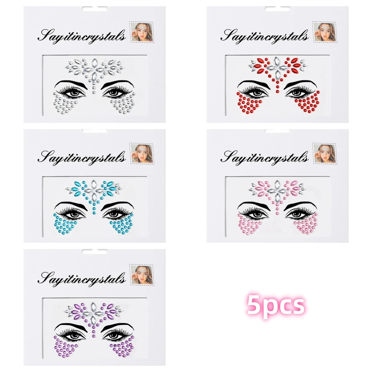 Mermaid Face Gems — 5 Pack Crystal Rhinestone Festival Sticker