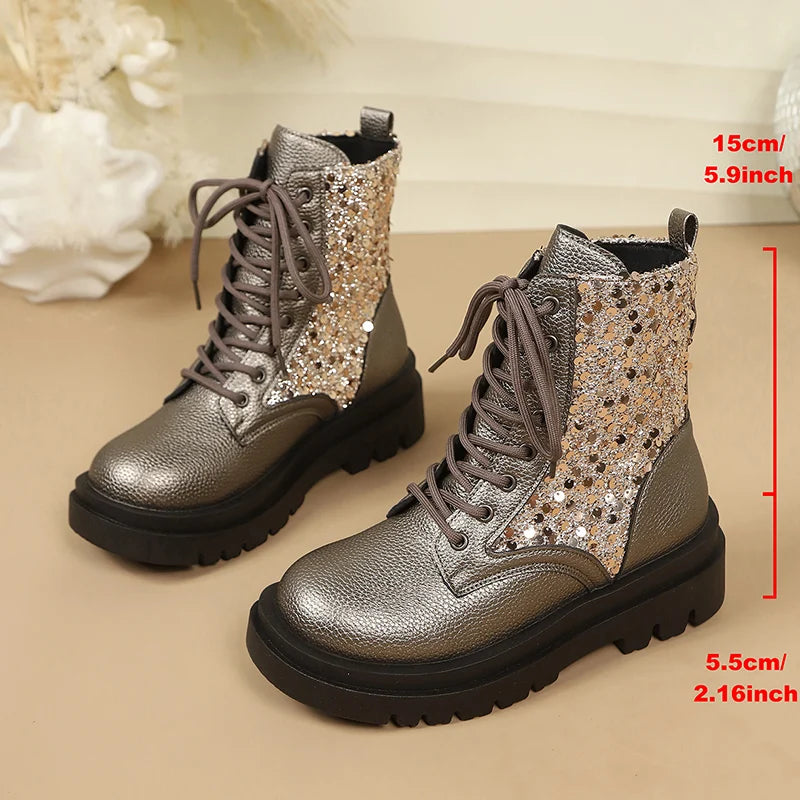 Silver Sequin Ankle Boots — Metallic Lace-Up Platform Boots