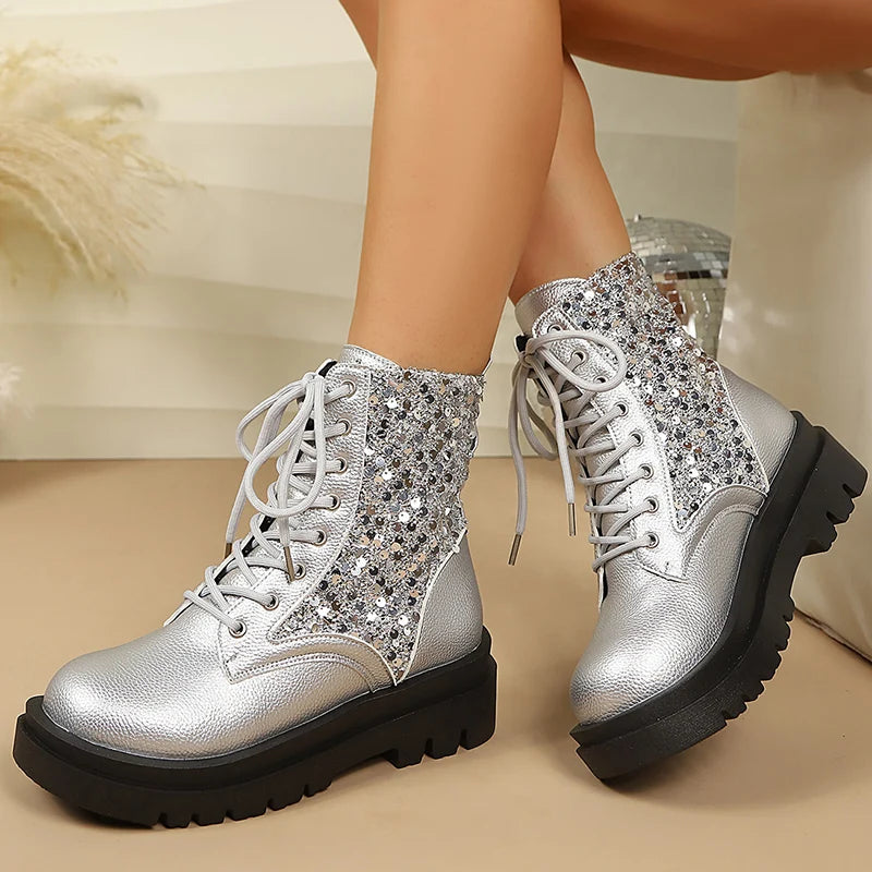 Silver Sequin Ankle Boots — Metallic Lace-Up Platform Boots