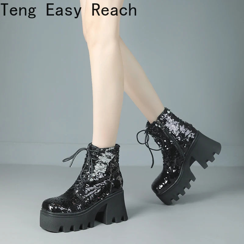 Punk Sequin Ankle Boots — Platform Moto Boots UK 1-9