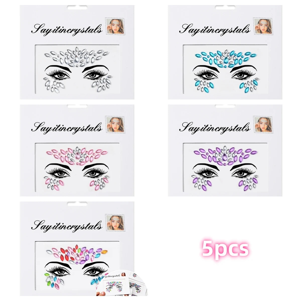 Mermaid Face Gems — 5 Pack Crystal Rhinestone Festival Sticker