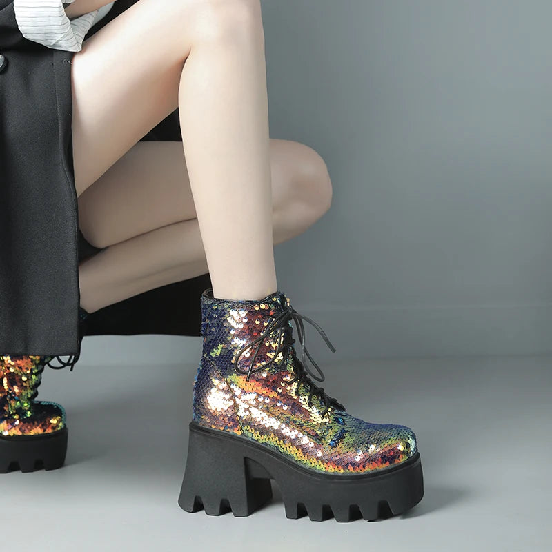 Punk Sequin Ankle Boots — Platform Moto Boots UK 1-9