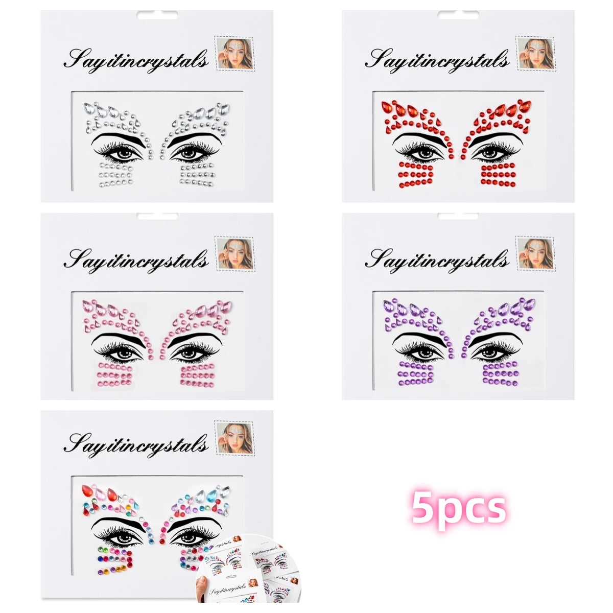 Mermaid Face Gems — 5 Pack Crystal Rhinestone Festival Sticker
