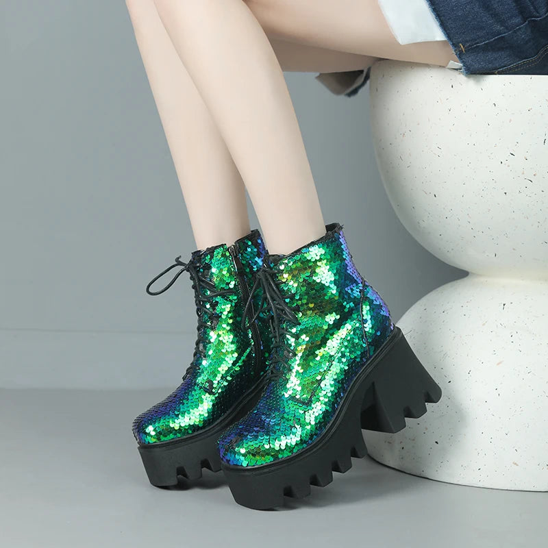 Punk Sequin Ankle Boots — Platform Moto Boots UK 1-9