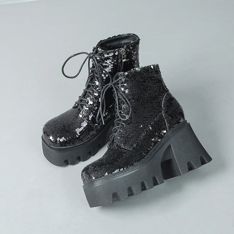 Punk Sequin Ankle Boots — Platform Moto Boots UK 1-9