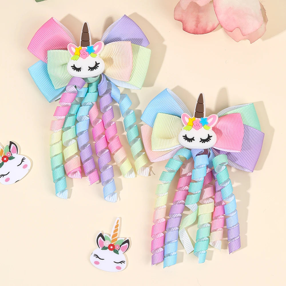 Unicorn Bow Hair Clips — Tassel Ribbon Barrettes for Girls
