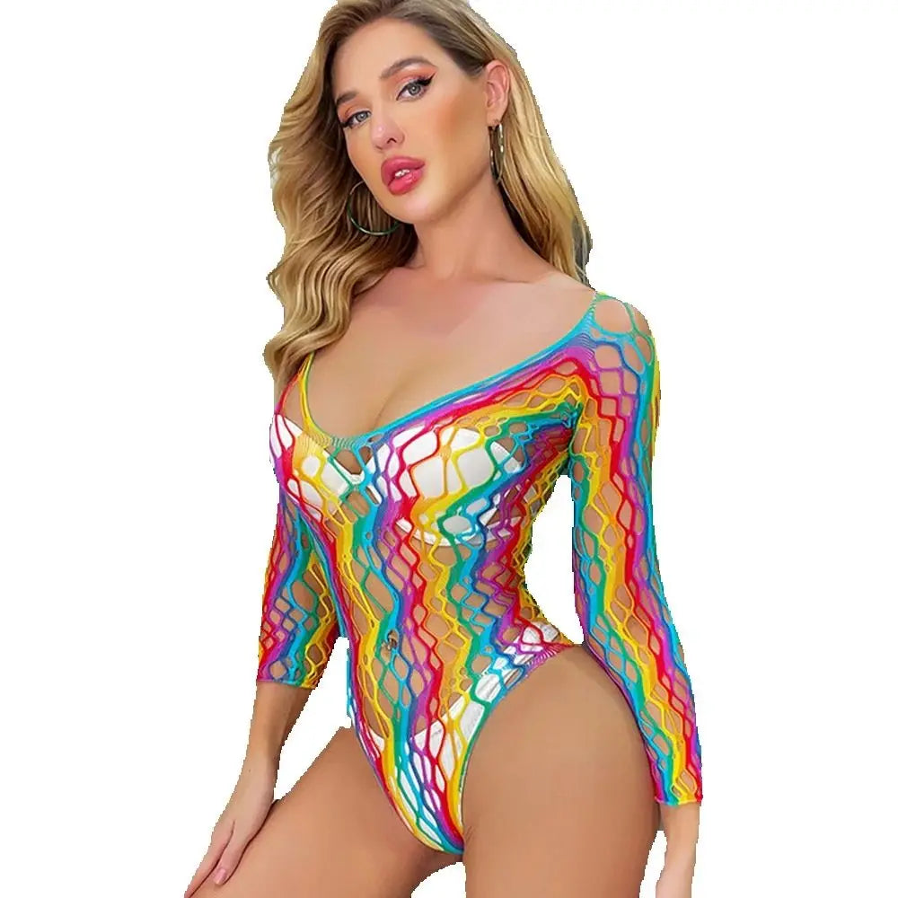 Rainbow Stripe Fishnet Bodysuit — Festival Rave & Stage Outfit