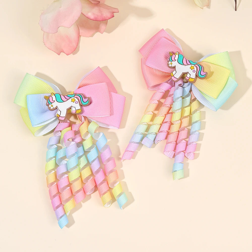 Unicorn Bow Hair Clips — Tassel Ribbon Barrettes for Girls