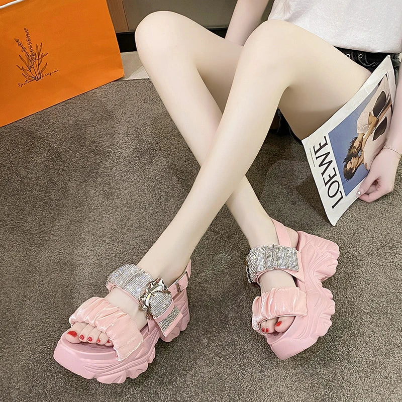 Chunky Crystal Wedge Sandals — 7.5cm Sparkly Platform Beach Shoes