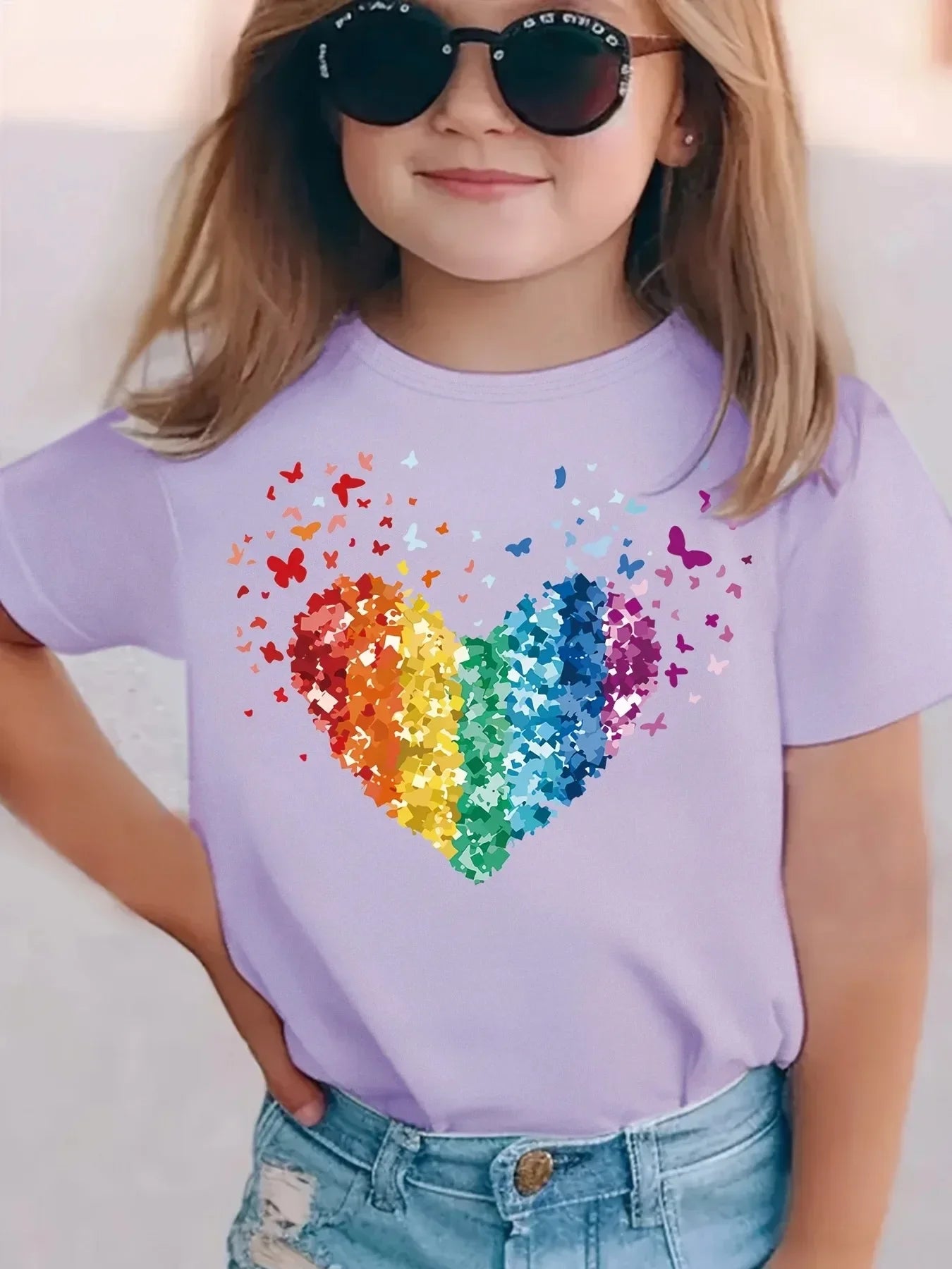 Rainbow Sequin Heart Kids T-Shirt — Girls Party & Festival Top