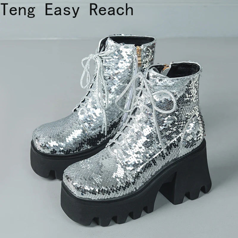 Punk Sequin Ankle Boots — Platform Moto Boots UK 1-9