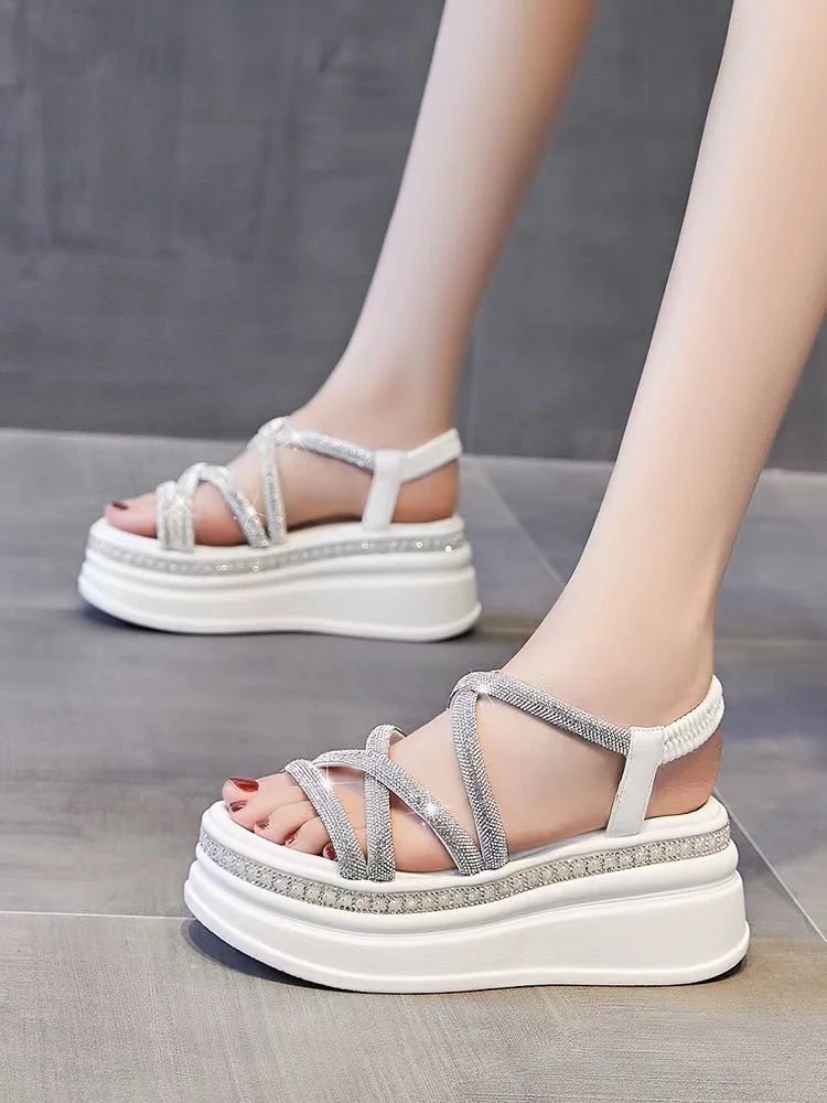 Crystal Platform Wedge Sandals — 7cm Sparkly Festival & Beach Shoes