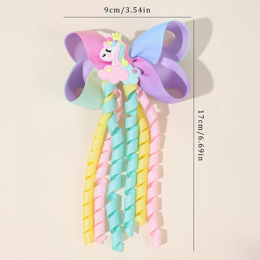 Unicorn Bow Hair Clips — Tassel Ribbon Barrettes for Girls