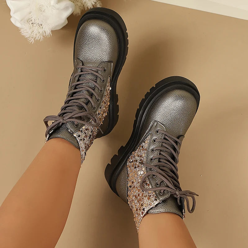 Silver Sequin Ankle Boots — Metallic Lace-Up Platform Boots