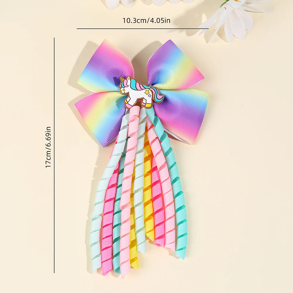 Unicorn Bow Hair Clips — Tassel Ribbon Barrettes for Girls
