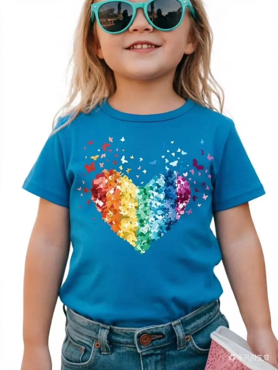Rainbow Sequin Heart Kids T-Shirt — Girls Party & Festival Top