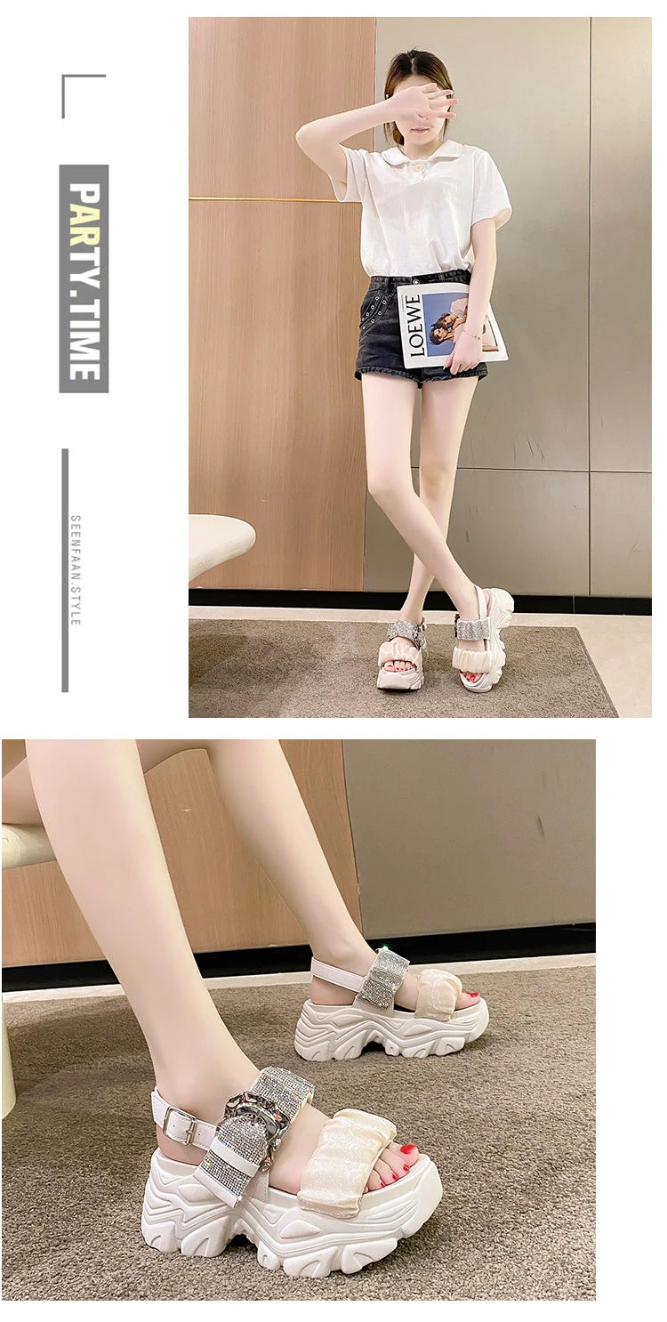 Chunky Crystal Wedge Sandals — 7.5cm Sparkly Platform Beach Shoes