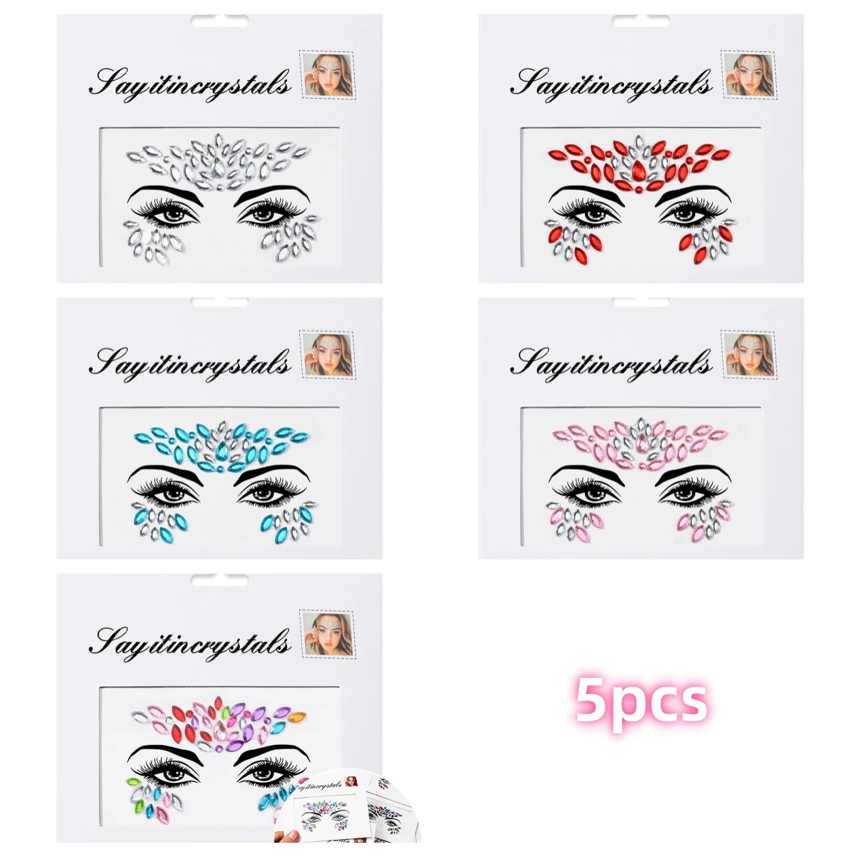 Mermaid Face Gems — 5 Pack Crystal Rhinestone Festival Sticker