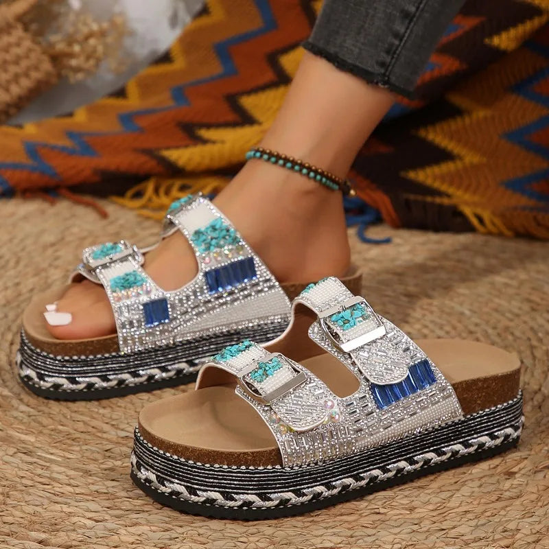 Rhinestone Wedge Flip Flops — Sparkly Non-Slip Summer Sandals