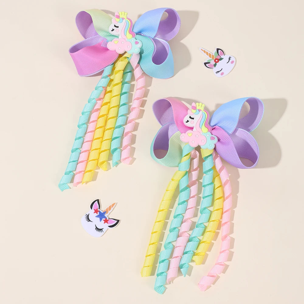Unicorn Bow Hair Clips — Tassel Ribbon Barrettes for Girls