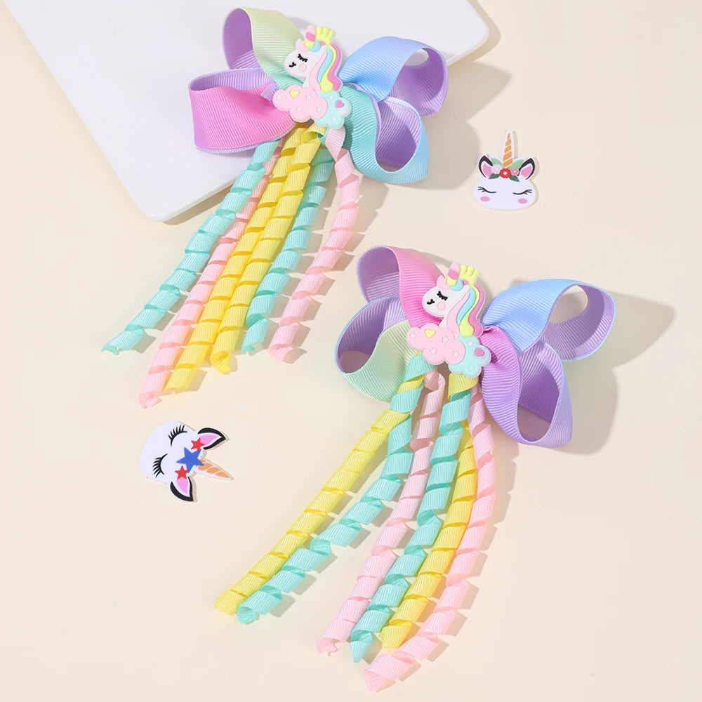 Unicorn Bow Hair Clips — Tassel Ribbon Barrettes for Girls