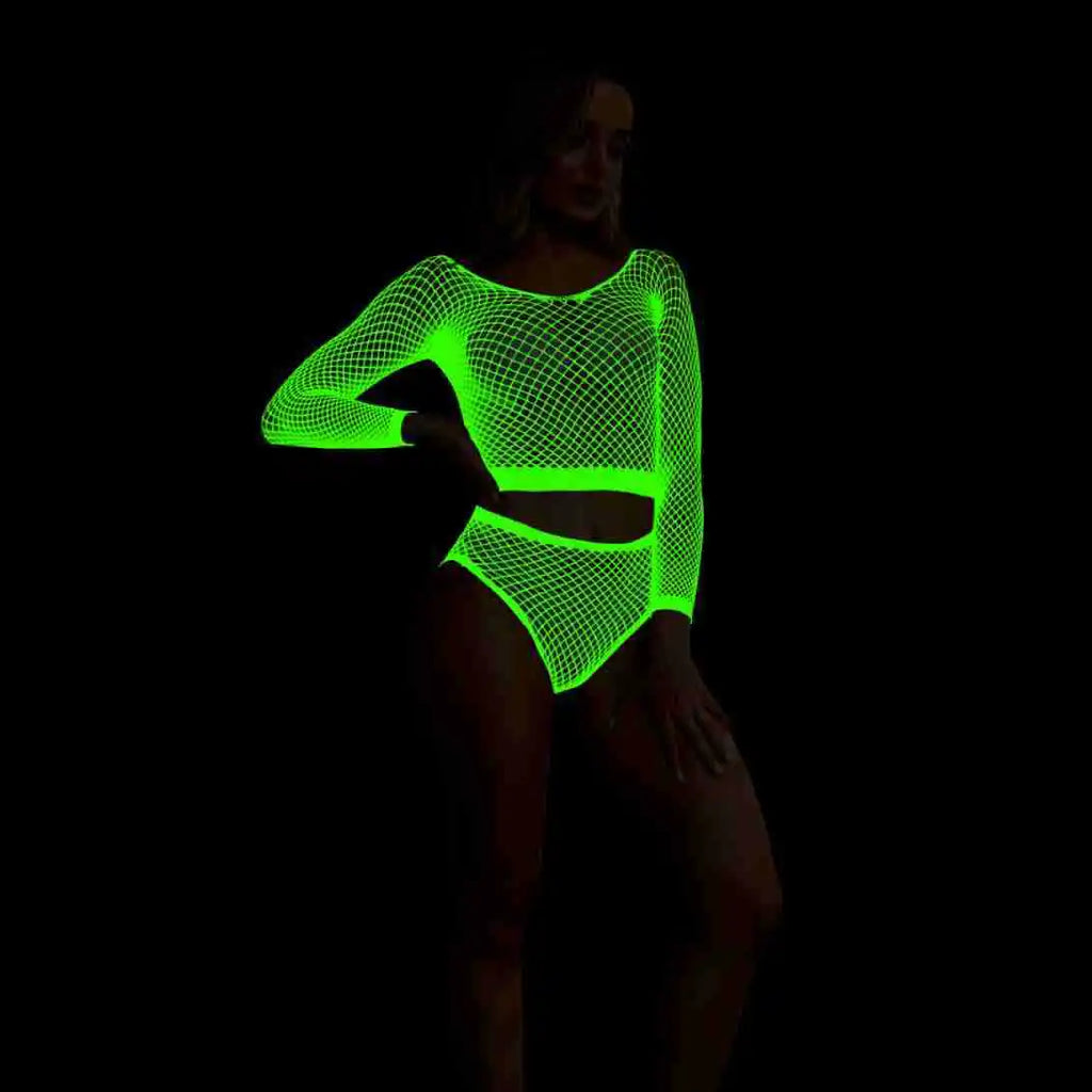 UV Glow Fishnet Two-Piece Set — Festival & Rave Outfit