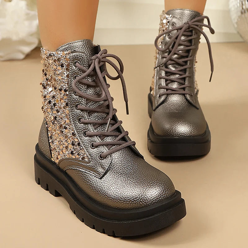 Silver Sequin Ankle Boots — Metallic Lace-Up Platform Boots