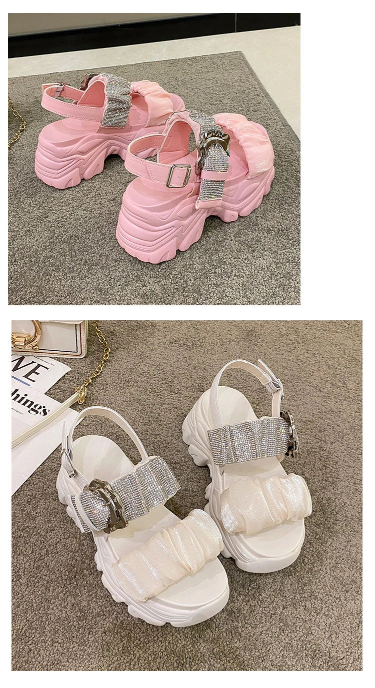 Chunky Crystal Wedge Sandals — 7.5cm Sparkly Platform Beach Shoes