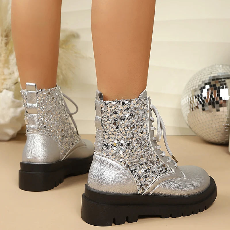 Silver Sequin Ankle Boots — Metallic Lace-Up Platform Boots