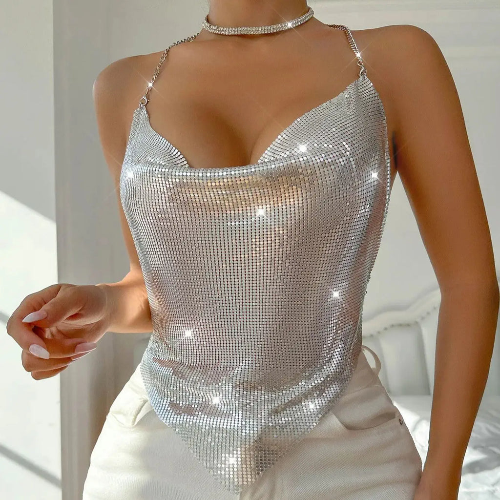 Gold Metal Sequin Chain Tank Top — Backless Glitter Club & Beach