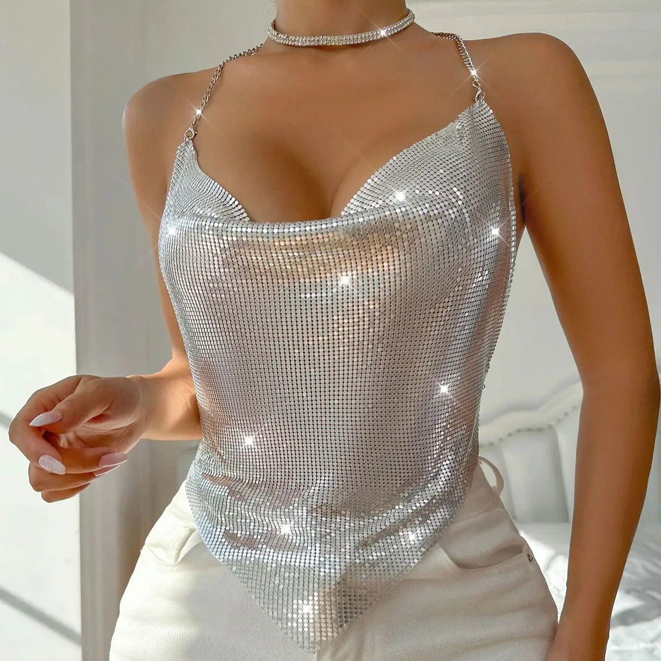 Gold Metal Sequin Chain Tank Top — Backless Glitter Club & Beach