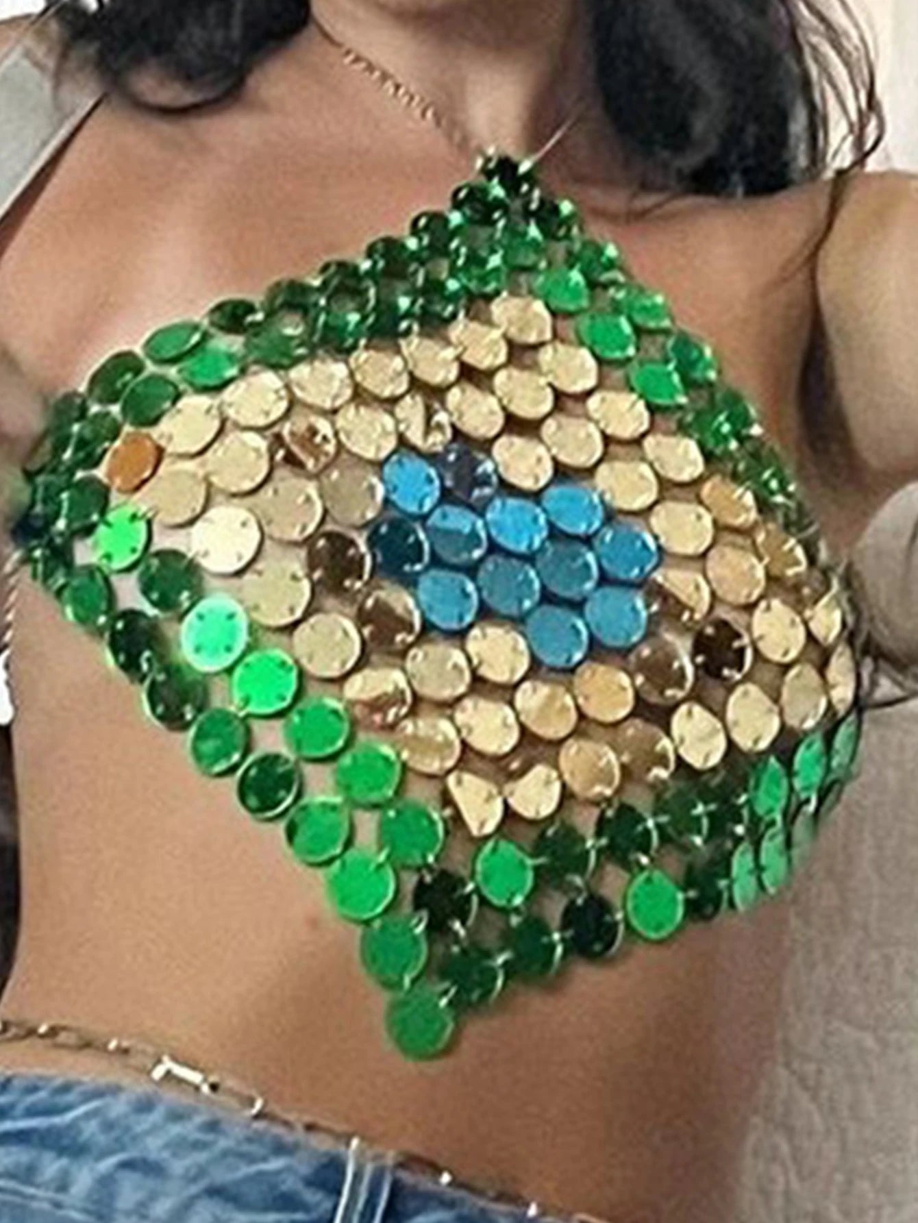 Green & Gold Disc Chainmail Crop Top — Brazil Seleção Carnival & Festival