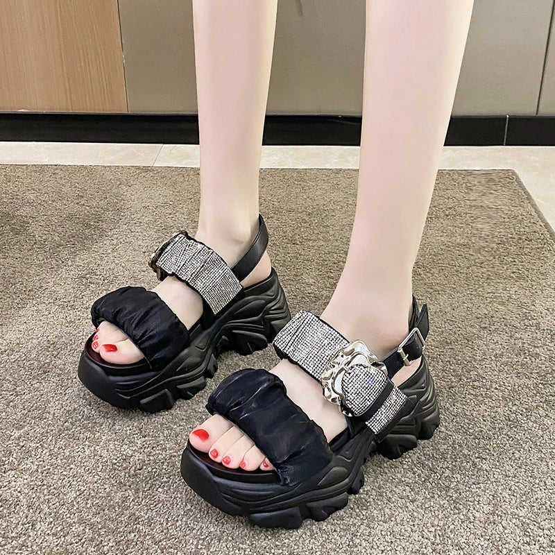 Chunky Crystal Wedge Sandals — 7.5cm Sparkly Platform Beach Shoes