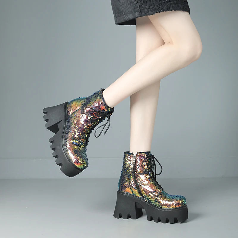 Punk Sequin Ankle Boots — Platform Moto Boots UK 1-9
