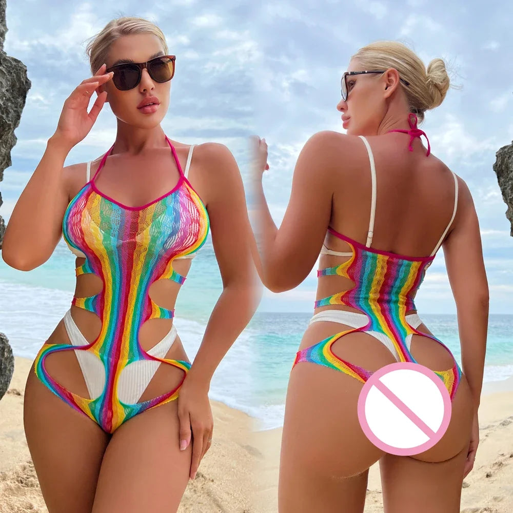 Rainbow Fishnet Bodysuit — Festival, Rave & Stage Outfit