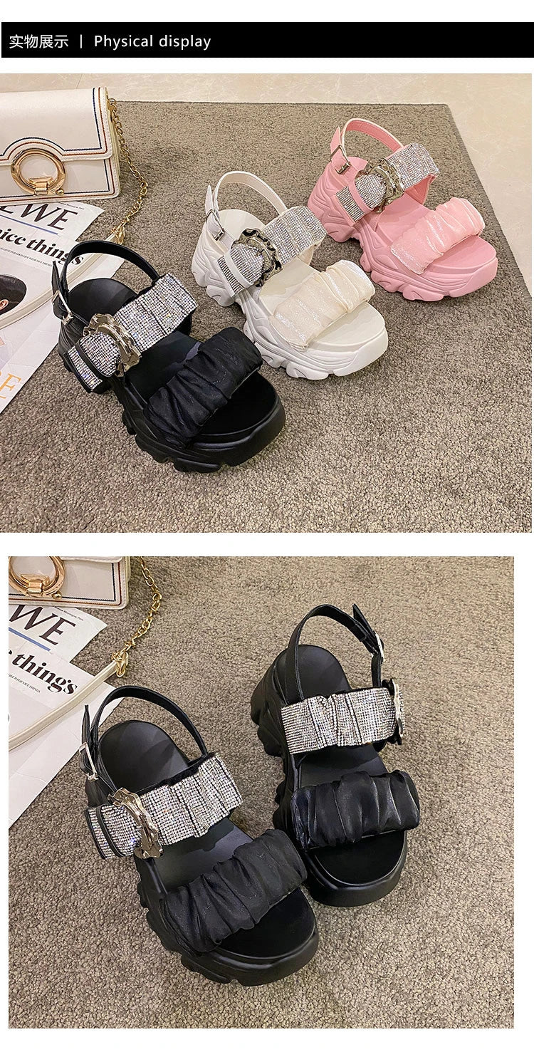 Chunky Crystal Wedge Sandals — 7.5cm Sparkly Platform Beach Shoes