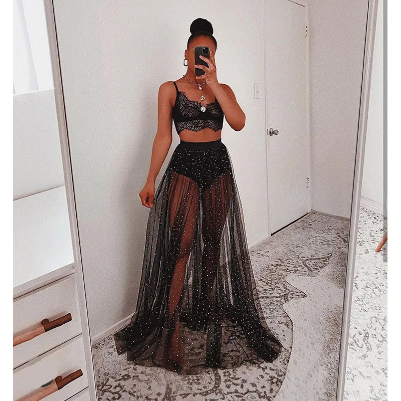 Glitter Tulle Maxi Skirt — High Split Beach & Festival Skirt
