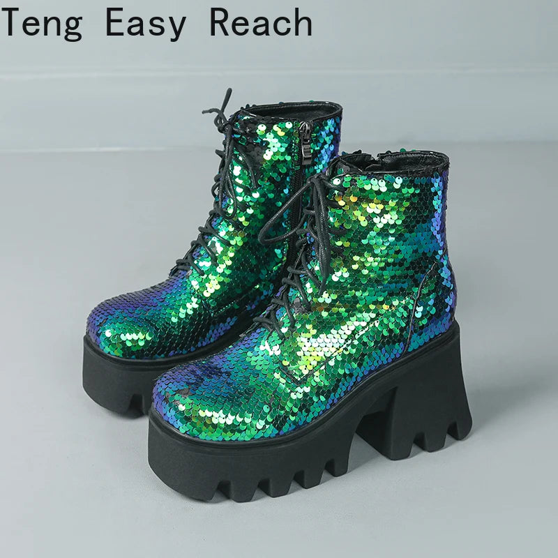 Punk Sequin Ankle Boots — Platform Moto Boots UK 1-9