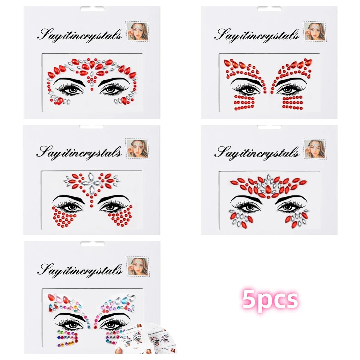 Mermaid Face Gems — 5 Pack Crystal Rhinestone Festival Sticker