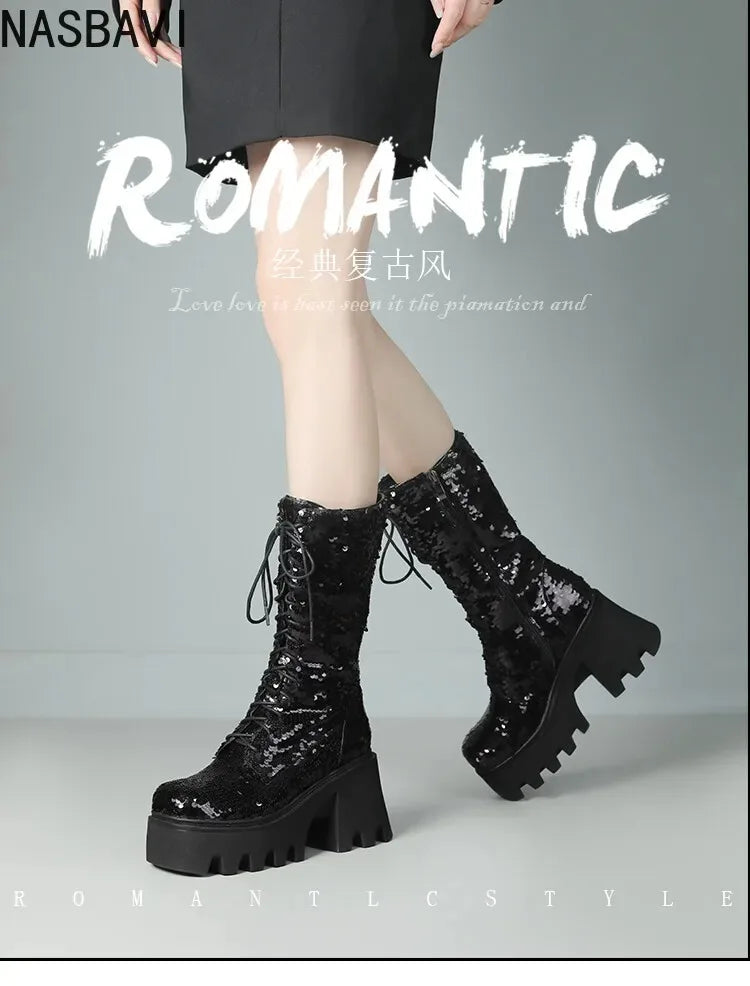 Green Sequin Mid-Calf Boots — Fish Scale Punk Platform Boots