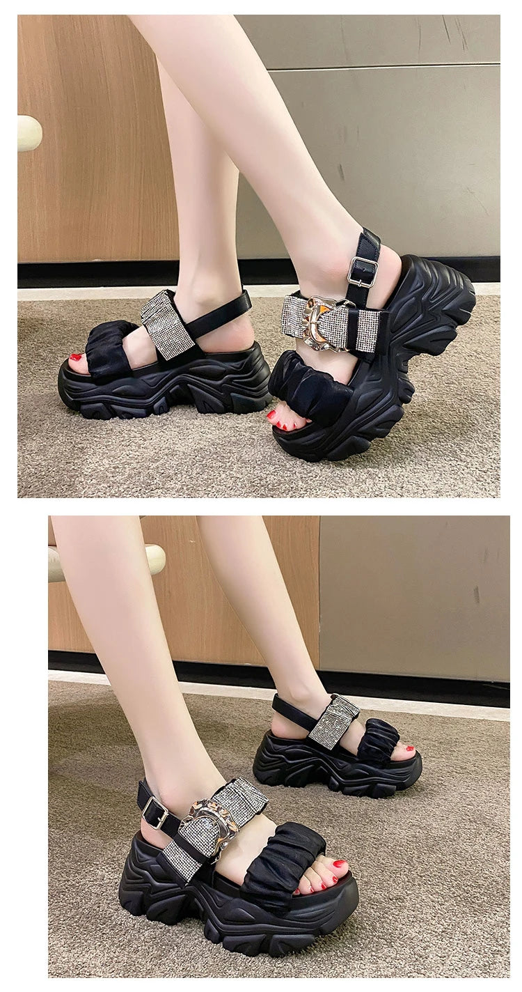 Chunky Crystal Wedge Sandals — 7.5cm Sparkly Platform Beach Shoes