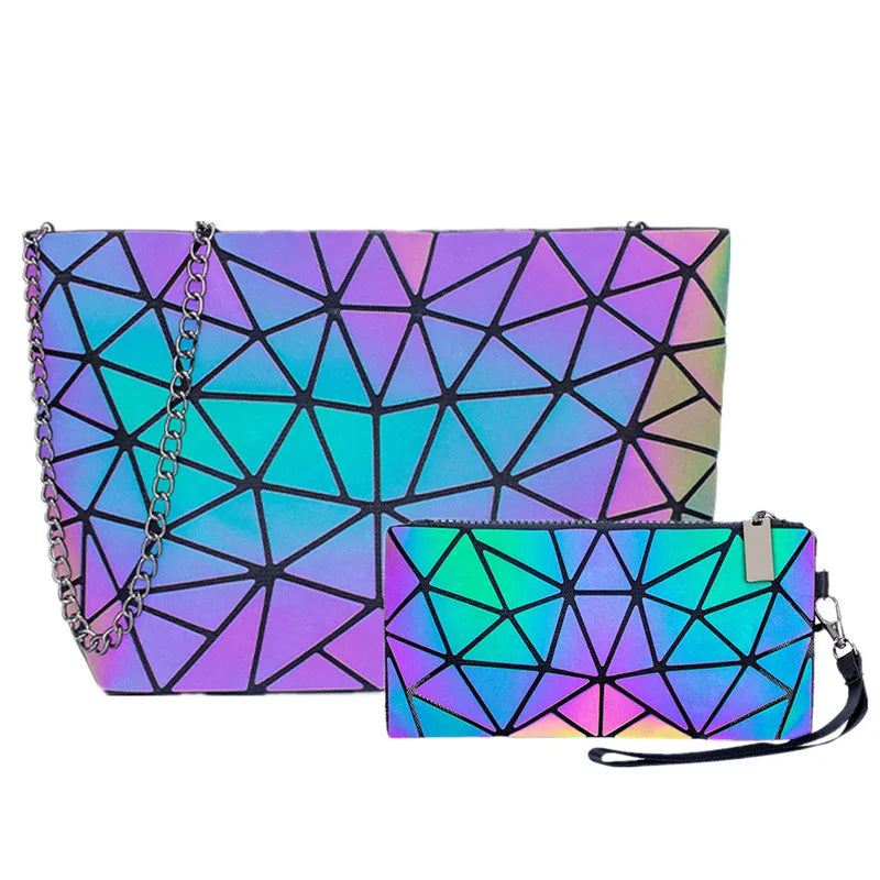 Holographic Geometric Bag Set — 2 Piece Luminous Shoulder Bag & Purse