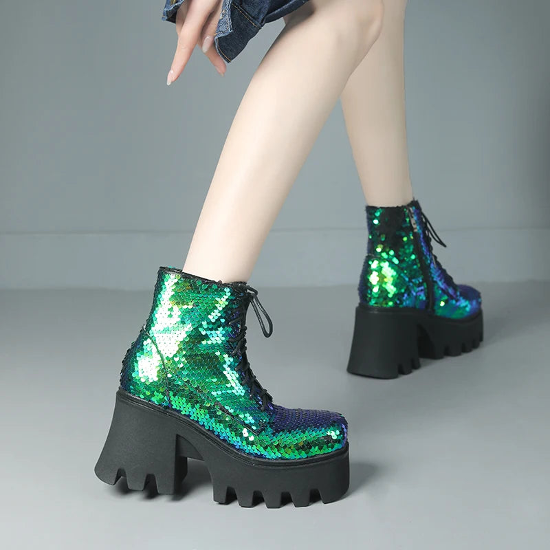 Punk Sequin Ankle Boots — Platform Moto Boots UK 1-9