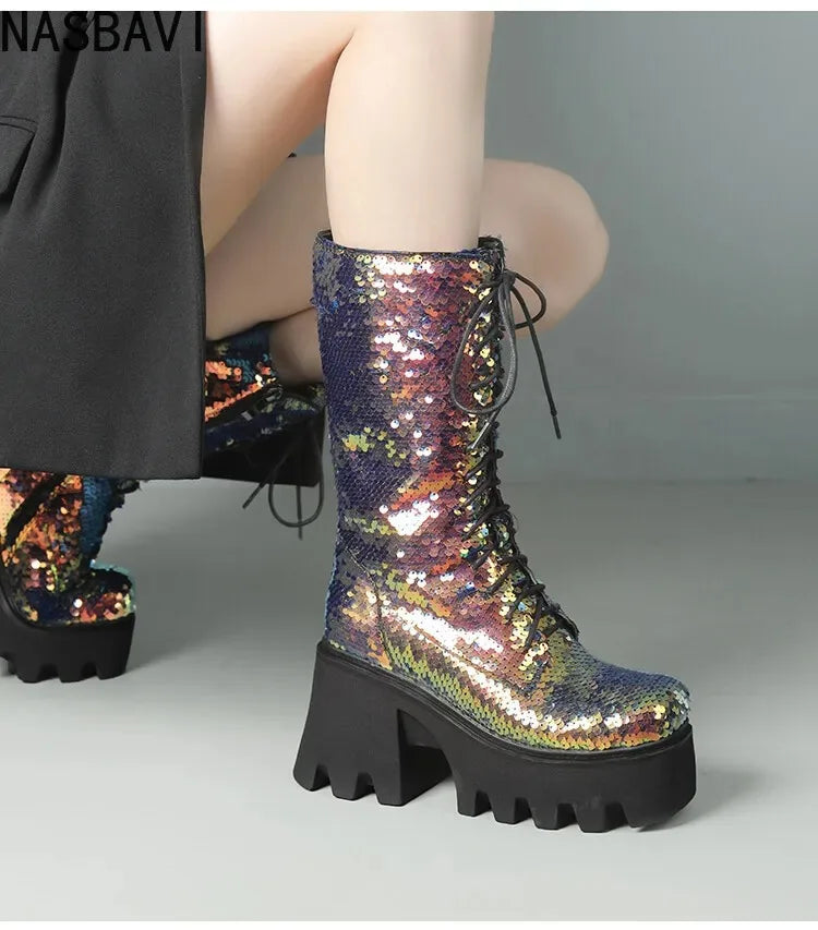 Green Sequin Mid-Calf Boots — Fish Scale Punk Platform Boots